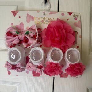 bebe Baby Boutique 4 Piece Set Pink Heart Glasses, Hairbows and Socks With Bows